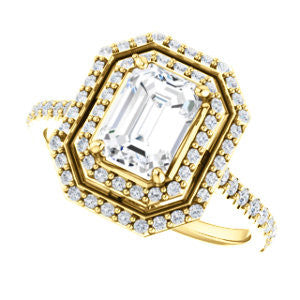 Cubic Zirconia Engagement Ring- The Alisa (Customizable Emerald Cut with Geometric Double Halo)