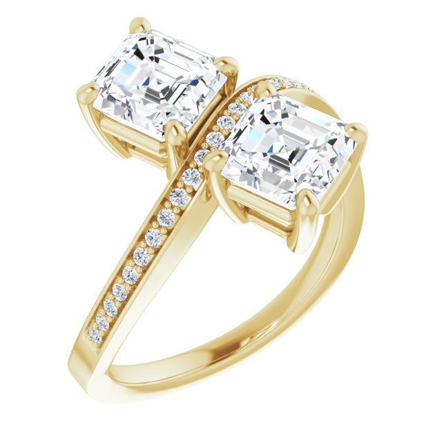 10K Yellow Gold Customizable 2-stone Asscher Cut Bypass Design with Thin Twisting Shared Prong Band