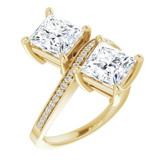 14K Yellow Gold Customizable 2-stone Princess/Square Cut Bypass Design with Thin Twisting Shared Prong Band