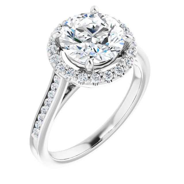 Cubic Zirconia Engagement Ring- The Star (Customizable Round Cut Design with Halo, Round Channel Band and Floating Peekaboo Accents)