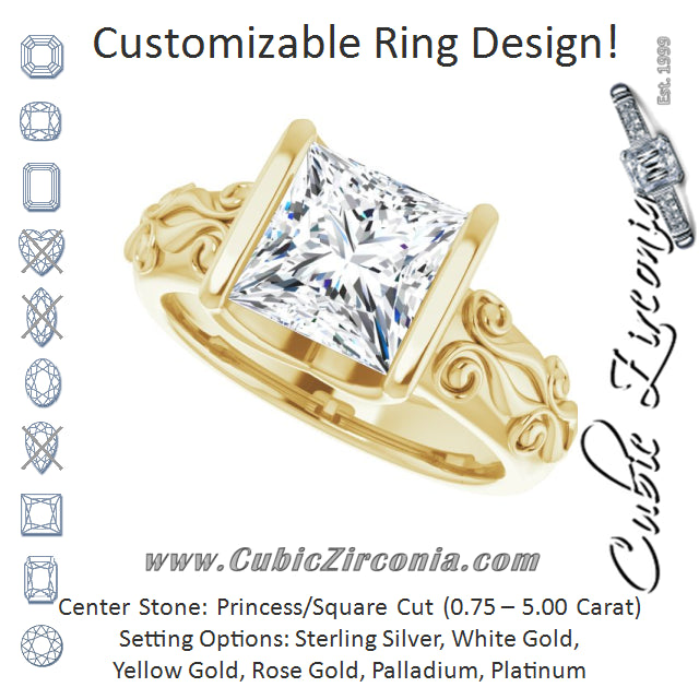 Cubic Zirconia Engagement Ring- The Cora (Customizable Bar-set Princess/Square Cut Setting featuring Organic Band)