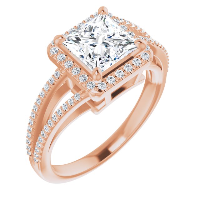 10K Rose Gold Customizable Princess/Square Cut Vintage Design with Halo Style and Asymmetrical Split-Pavé Band