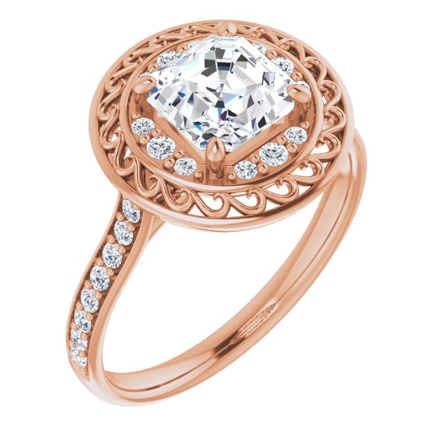 10K Rose Gold Customizable Cathedral-style Asscher Cut featuring Cluster Accented Filigree Setting & Shared Prong Band