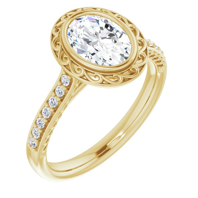 Cubic Zirconia Engagement Ring- The Itzayana (Customizable Cathedral-Bezel Oval Cut Design featuring Accented Band with Filigree Inlay)