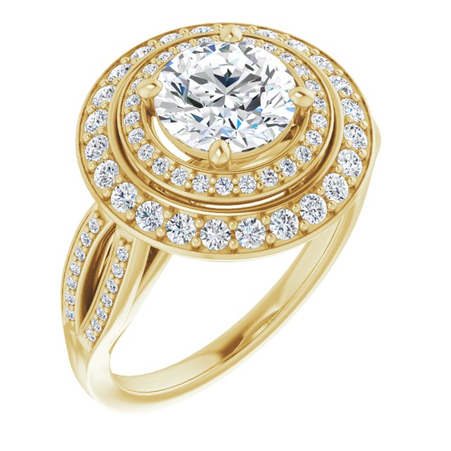 10K Yellow Gold Customizable Cathedral-style Round Cut Design with Double Halo & Split-Pavé Band
