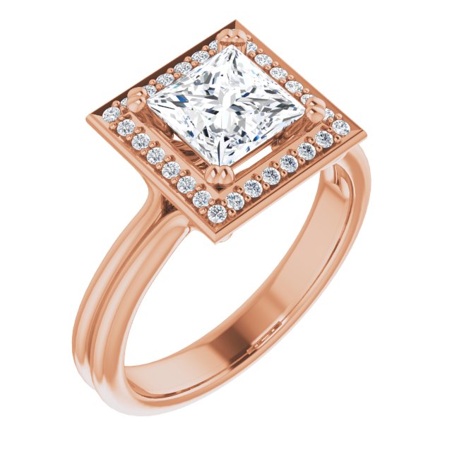 10K Rose Gold Customizable Princess/Square Cut Style with Scooped Halo and Grooved Band