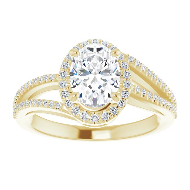 Cubic Zirconia Engagement Ring- The Claudette (Customizable Oval Cut Vintage Design with Halo Style and Asymmetrical Split-Pavé Band)