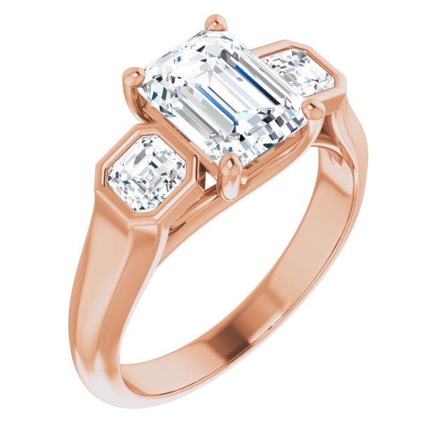 Cubic Zirconia Engagement Ring- The Alana Marie (Customizable 3-stone Cathedral Emerald Cut Design with Twin Asscher Cut Side Stones)