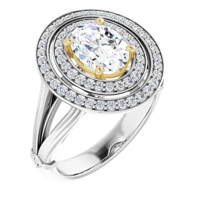 14K White & Yellow Gold Customizable Cathedral-set Oval Cut Design with Double Halo, Wide Split Band and Side Knuckle Accents