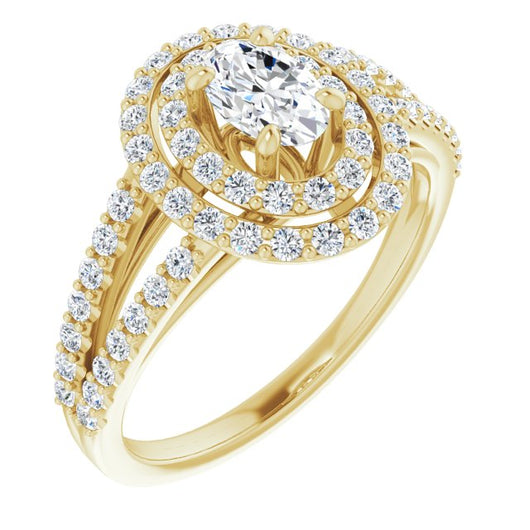 10K Yellow Gold Customizable Oval Cut Design with Double Halo and Wide Split-Pavé Band