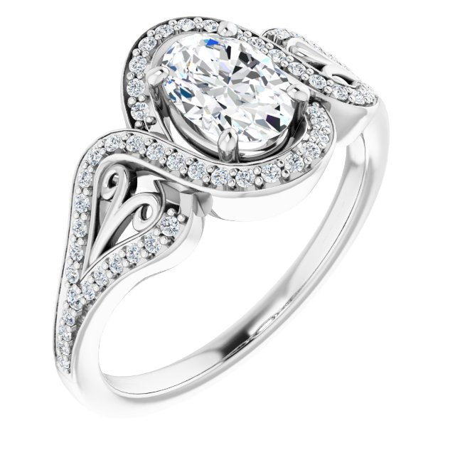10K White Gold Customizable Oval Cut Design with Bypass Halo and Split-Shared Prong Band