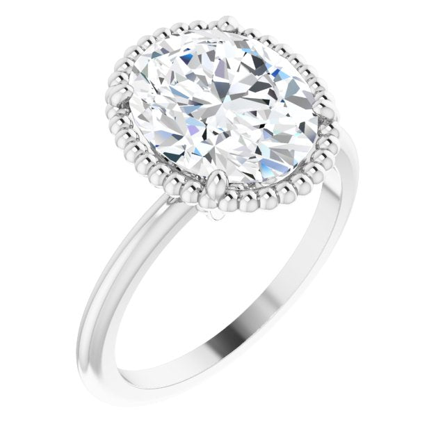 10K White Gold Customizable Oval Cut Solitaire with Beaded Metallic Milgrain
