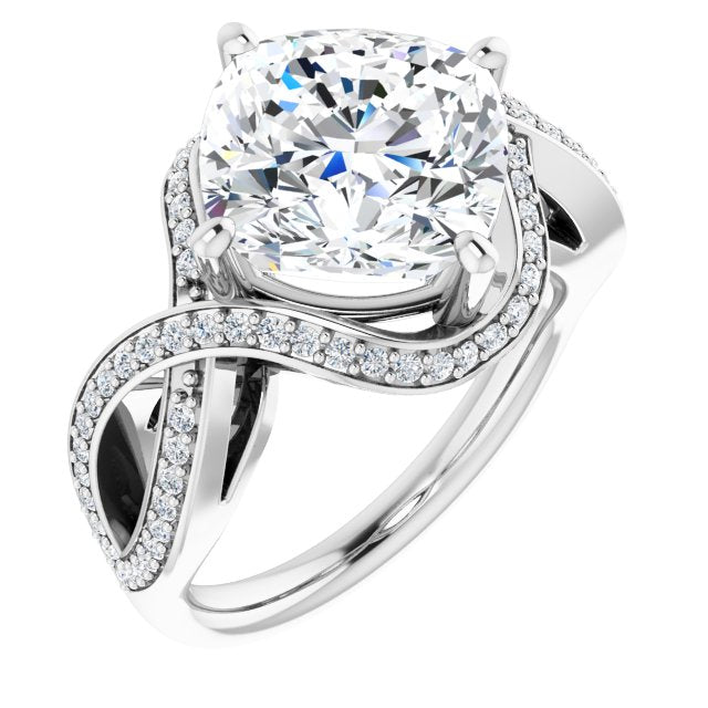 10K White Gold Customizable Cushion Cut Design with Twisting, Infinity-Shared Prong Split Band and Bypass Semi-Halo