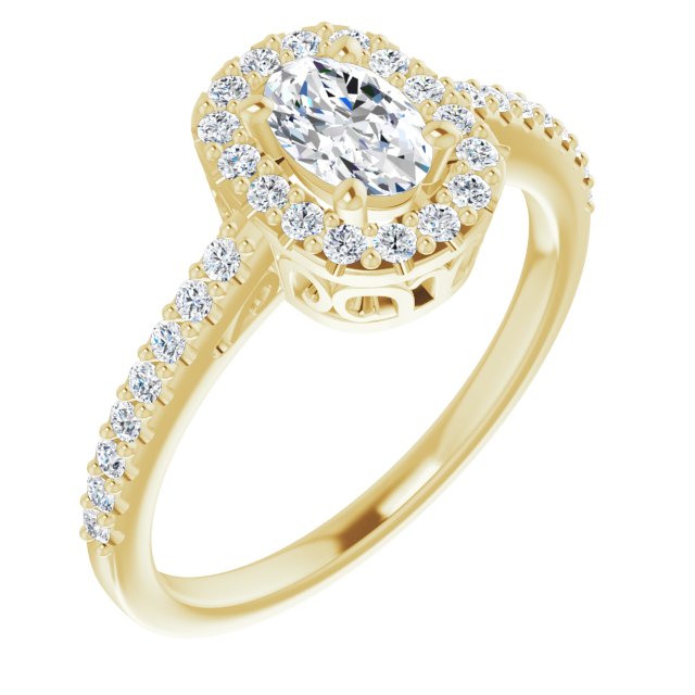 10K Yellow Gold Customizable Cathedral-Crown Oval Cut Design with Halo and Accented Band
