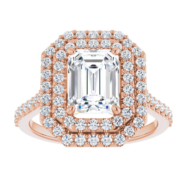 Cubic Zirconia Engagement Ring- The Danielle (Customizable Double-Halo Emerald Cut Design with Accented Split Band)