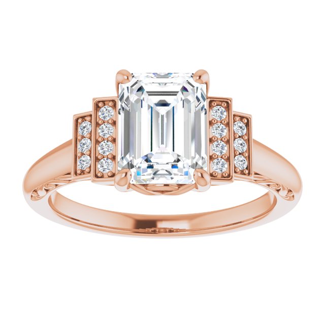 Cubic Zirconia Engagement Ring- The Brynhild (Customizable Engraved Design with Emerald Cut Center and Perpendicular Band Accents)