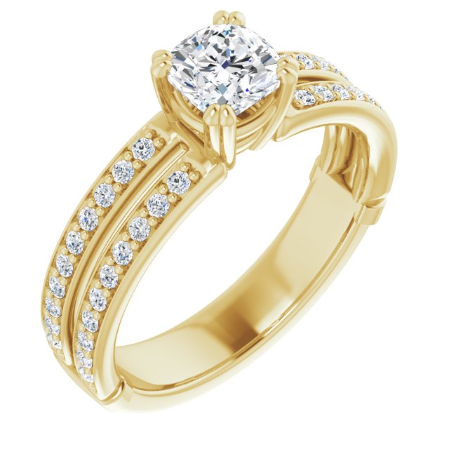 10K Yellow Gold Customizable Cushion Cut Design featuring Split Band with Accents