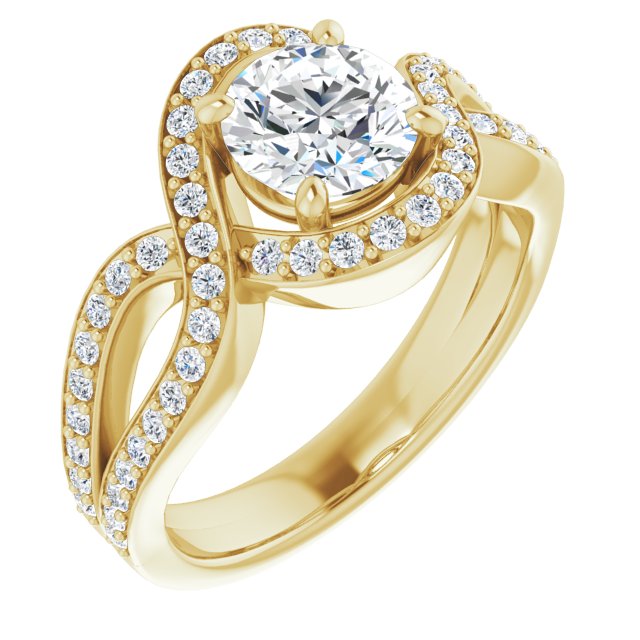 10K Yellow Gold Customizable Round Cut Center with Infinity-inspired Split Shared Prong Band and Bypass Halo