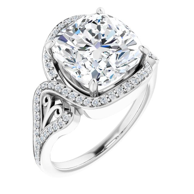 10K White Gold Customizable Cushion Cut Design with Bypass Halo and Split-Shared Prong Band