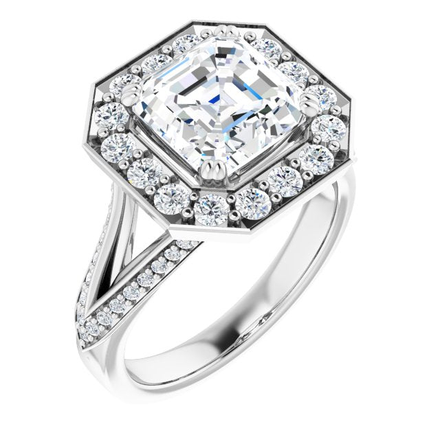 10K White Gold Customizable Asscher Cut Center with Large-Accented Halo and Split Shared Prong Band