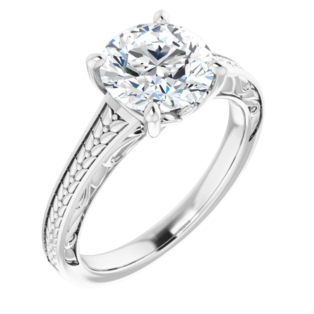 14K White Gold Customizable Round Cut Solitaire with Organic Textured Band and Decorative Prong Basket