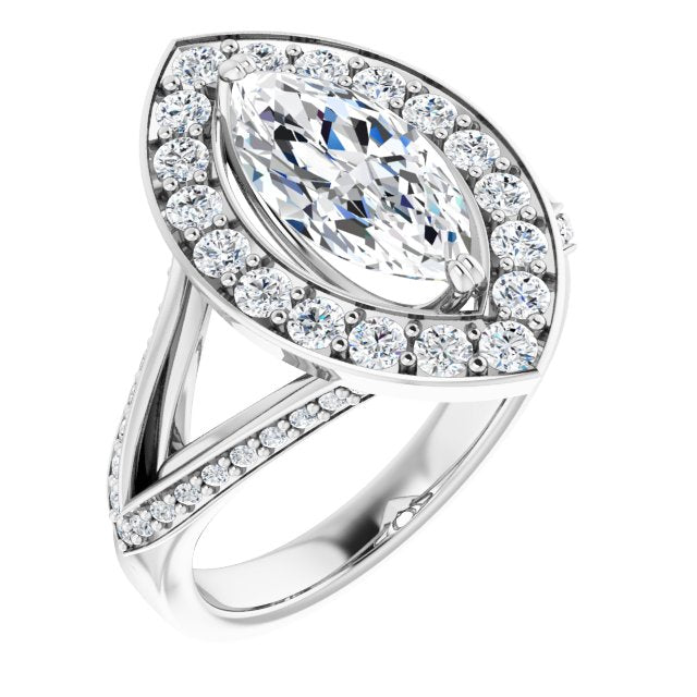 Cubic Zirconia Engagement Ring- The Darsha (Customizable Marquise Cut Center with Large-Accented Halo and Split Shared Prong Band)