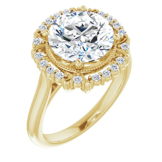 10K Yellow Gold Customizable Round Cut Design with Majestic Crown Halo and Raised Illusion Setting