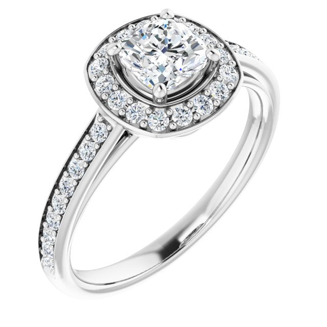 10K White Gold Customizable Cathedral-raised Cushion Cut Halo-and-Accented Band Design