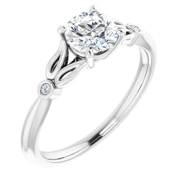 10K White Gold Customizable 3-stone Round Cut Design with Thin Band and Twin Round Bezel Side Stones