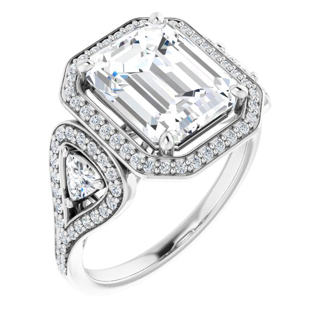 10K White Gold Customizable Cathedral-set Emerald/Radiant Cut Design with 2 Trillion Cut Accents, Halo and Split-Shared Prong Band