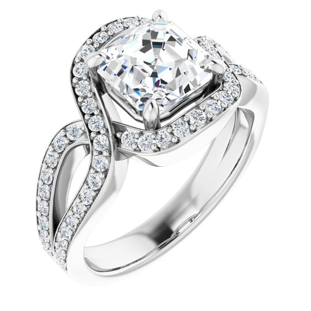 Cubic Zirconia Engagement Ring- The Effie (Customizable Asscher Cut Center with Infinity-inspired Split Shared Prong Band and Bypass Halo)