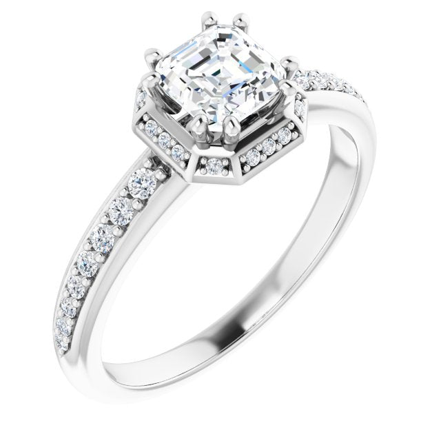 10K White Gold Customizable Asscher Cut Design with Geometric Under-Halo and Shared Prong Band