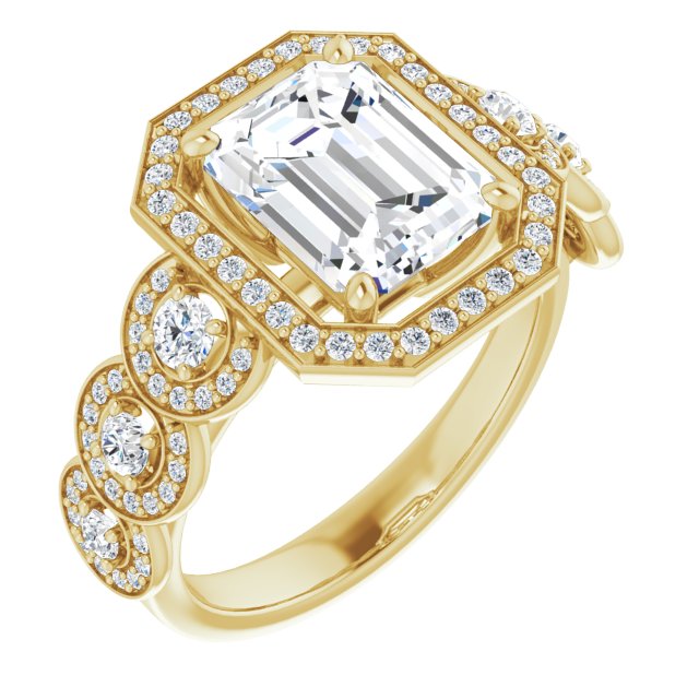 10K Yellow Gold Customizable Cathedral-set Emerald/Radiant Cut 7-stone style Enhanced with 7 Halos