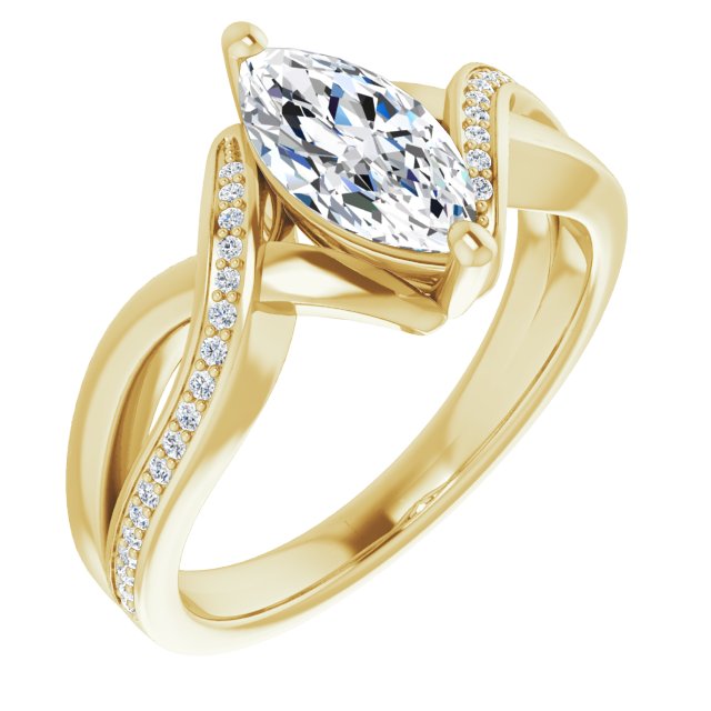 14K Yellow Gold Customizable Marquise Cut Center with Curving Split-Band featuring One Shared Prong Leg