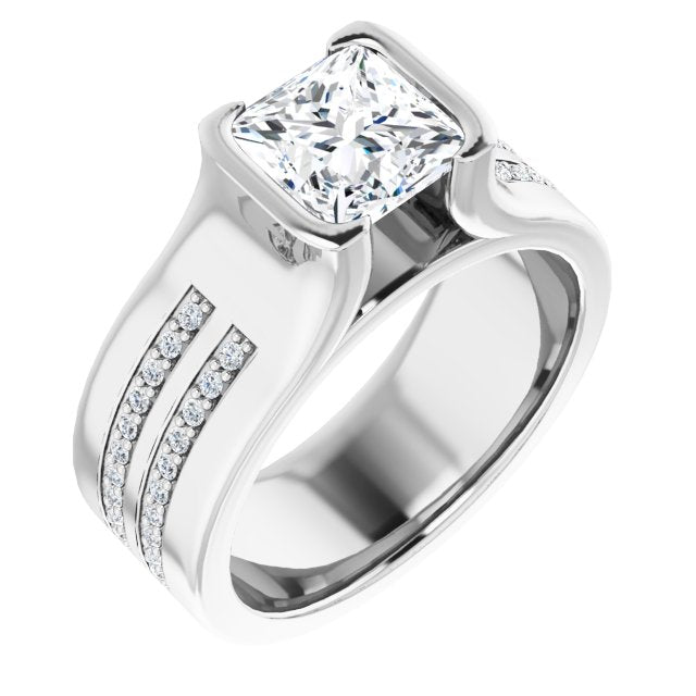10K White Gold Customizable Bezel-set Princess/Square Cut Design with Thick Band featuring Double-Row Shared Prong Accents