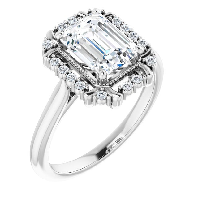 Cubic Zirconia Engagement Ring- The Sana (Customizable Emerald Cut Design with Majestic Crown Halo and Raised Illusion Setting)