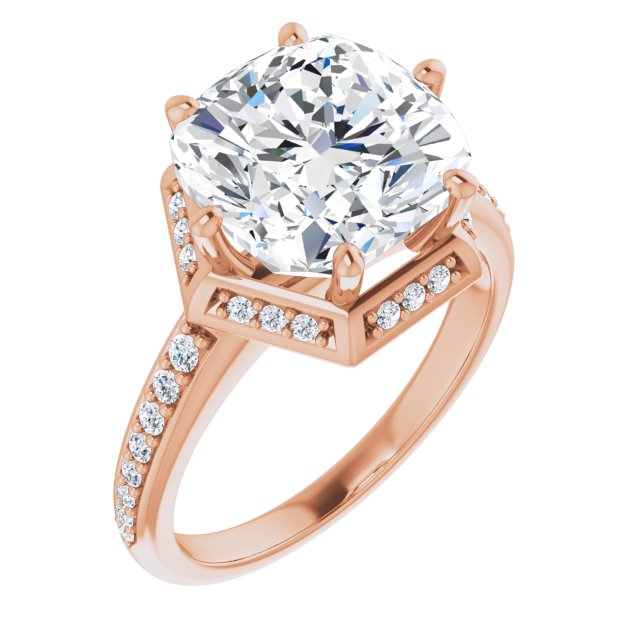 10K Rose Gold Customizable Cushion Cut Design with Geometric Under-Halo and Shared Prong Band