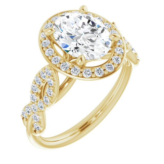 10K Yellow Gold Customizable Cathedral-Halo Oval Cut Design with Artisan Infinity-inspired Twisting Pavé Band