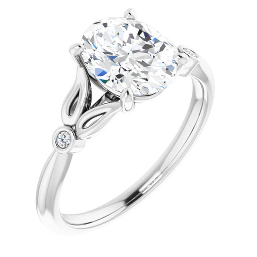 10K White Gold Customizable 3-stone Oval Cut Design with Thin Band and Twin Round Bezel Side Stones