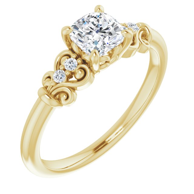 10K Yellow Gold Customizable Vintage 5-stone Design with Cushion Cut Center and Artistic Band Décor