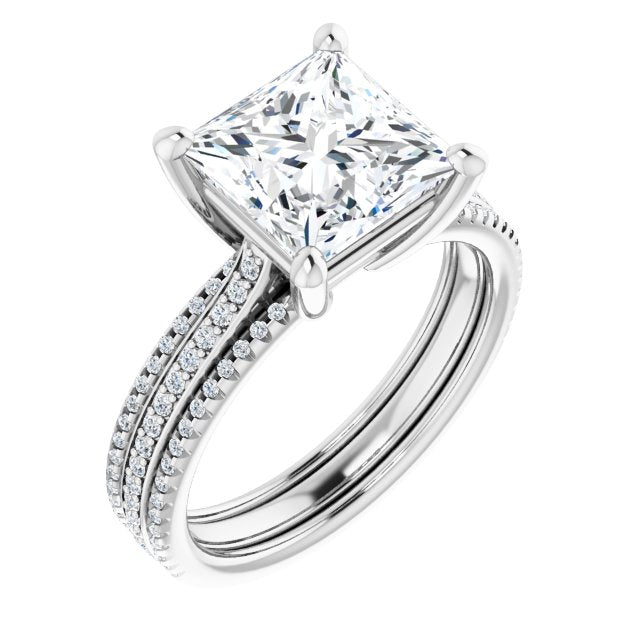 10K White Gold Customizable Princess/Square Cut Center with Wide Pavé Accented Band