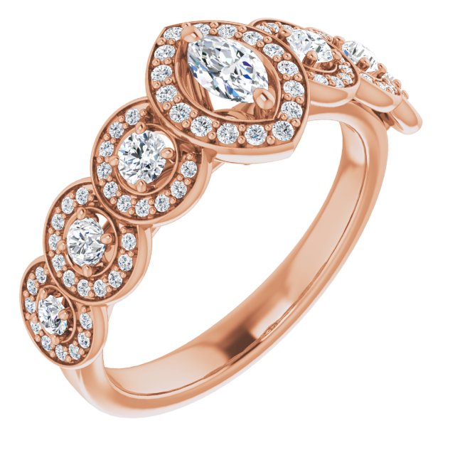 10K Rose Gold Customizable Cathedral-set Marquise Cut 7-stone style Enhanced with 7 Halos