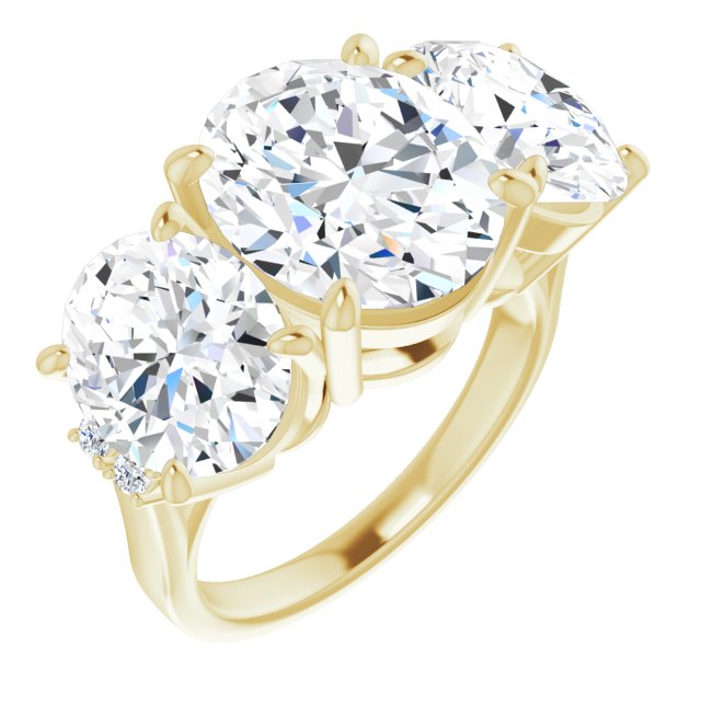 10K Yellow Gold Customizable Triple Oval Cut Design with Quad Vertical-Oriented Round Accents