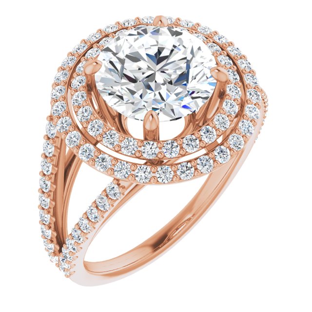 14K Rose Gold Customizable Round Cut Design with Double Halo and Wide Split-Pavé Band