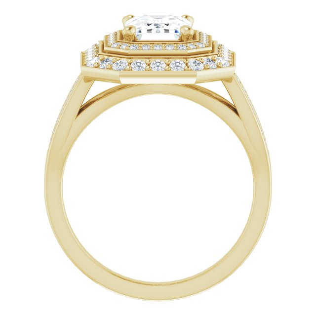 Cubic Zirconia Engagement Ring- The Henrika (Customizable Cathedral-style Emerald Cut Design with Double Halo & Split-Pavé Band)