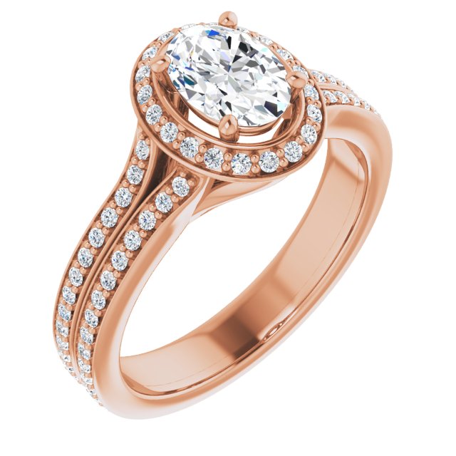10K Rose Gold Customizable Cathedral-raised Oval Cut Setting with Halo and Shared Prong Band