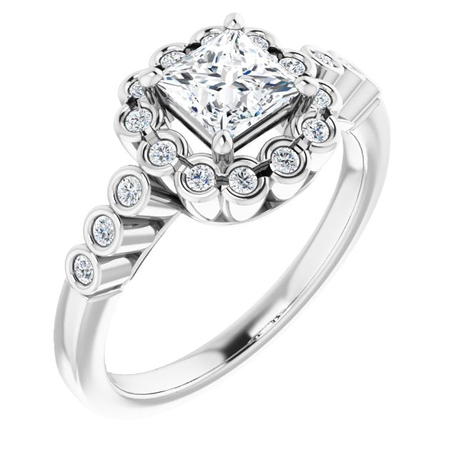 10K White Gold Customizable Princess/Square Cut Design with Round-bezel Halo and Band Accents