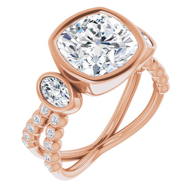 10K Rose Gold Customizable Bezel-set Cushion Cut Design with Dual Bezel-Oval Accents and Round-Bezel Accented Split Band