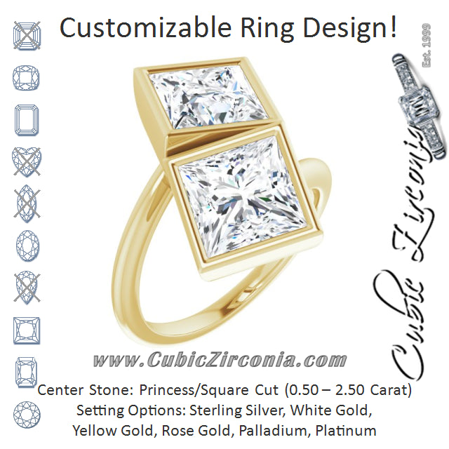 Cubic Zirconia Engagement Ring- The Mirella (Customizable 2-stone Double Bezel Princess/Square Cut Design with Artisan Bypass Band)