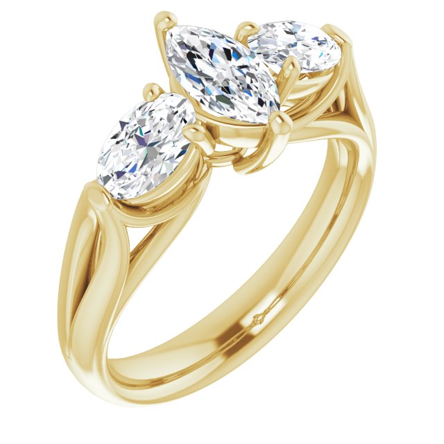 10K Yellow Gold Customizable Cathedral-set 3-stone Marquise Cut Style with Dual Oval Cut Accents & Wide Split Band